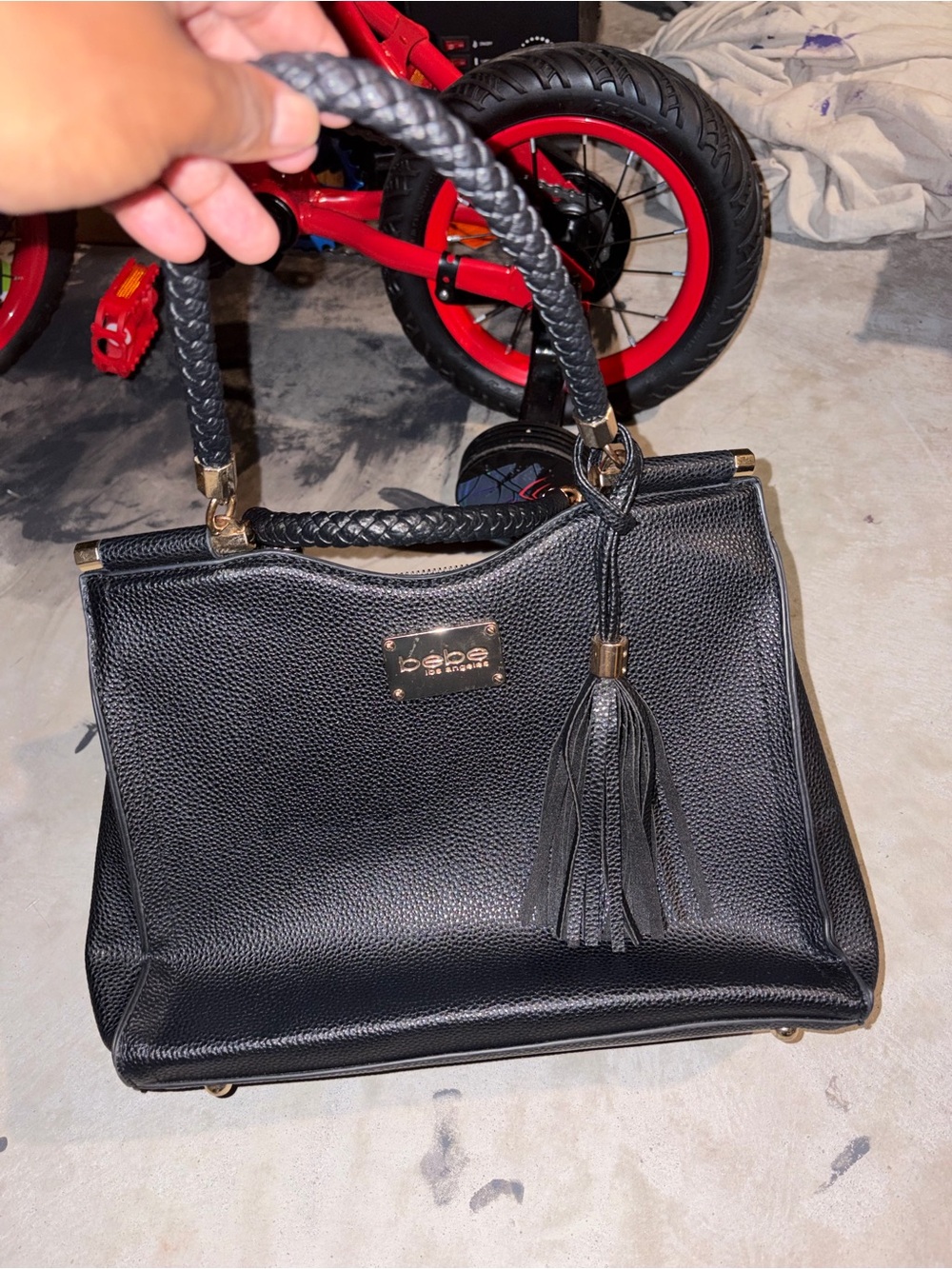 bebe Black Braided-Handle Satchel with Tassel